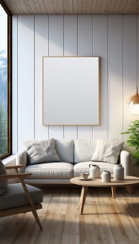 Sitting area Modern living room Mockup poster frame on the wall, a stylish sofa in Scandinavian Livingroom, 3d rendering, 3d illustration copy space. Stylish interior design Space for text