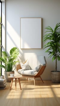 Sitting area Modern living room Mockup poster frame on the wall, a stylish sofa in Scandinavian Livingroom, 3d rendering, 3d illustration copy space. Stylish interior design Space for text