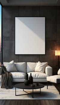 Sitting area Modern living room Mockup poster frame on the wall, a stylish sofa in Scandinavian Livingroom, 3d rendering, 3d illustration copy space. Stylish interior design Space for text