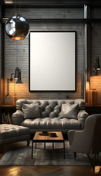 Sitting area Modern living room Mockup poster frame on the wall, a stylish sofa in Scandinavian Livingroom, 3d rendering, 3d illustration copy space. Stylish interior design Space for text