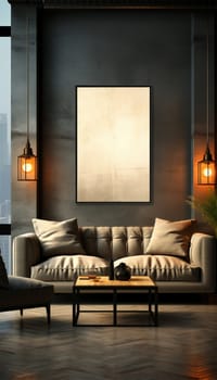 Sitting area Modern living room Mockup poster frame on the wall, a stylish sofa in Scandinavian Livingroom, 3d rendering, 3d illustration copy space. Stylish interior design Space for text