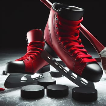 Hockey skates and sticks. Generative AI. High quality illustration