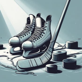 Hockey skates and sticks. Generative AI. High quality illustration