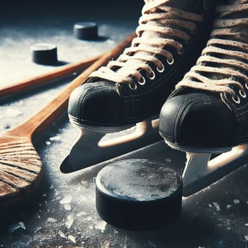 Hockey skates and sticks. Generative AI. High quality illustration