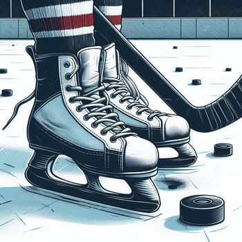 Hockey skates and sticks. Generative AI. High quality illustration