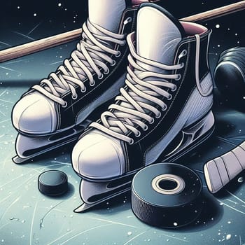 Hockey skates and sticks. Generative AI. High quality illustration