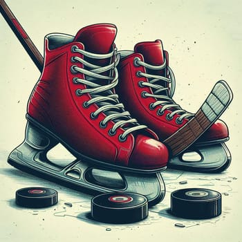 Hockey skates and sticks. Generative AI. High quality illustration