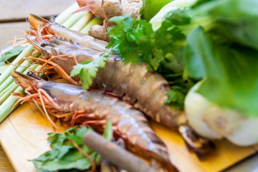 Ingredients for Tom Yam soup with lemongrass shrimp coriander on a kitchen board