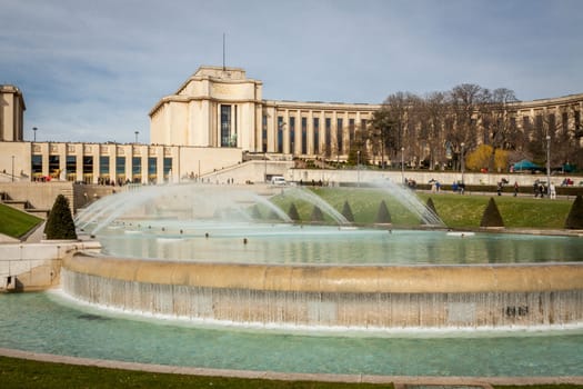 Park in Paris near the Eiffel Tower with a fountain on a sunny day