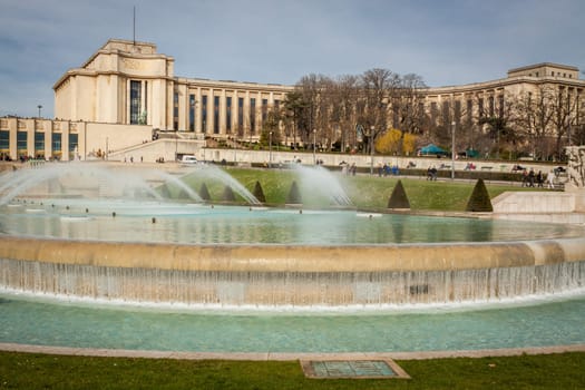 Park in Paris near the Eiffel Tower with a fountain on a sunny day