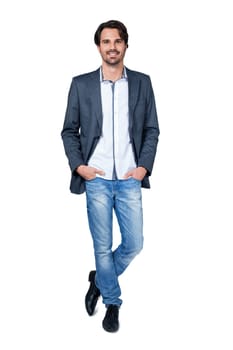 Self-proclaimed man in casual clothes with dark hair and beard isolated against a white background