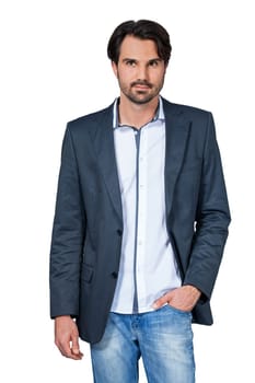 Self-proclaimed man in casual clothes with dark hair and beard isolated against a white background