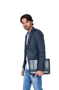 Stylish young man with dark hair and beard successfully isolated against white background