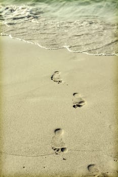 Footsteps in the sand on the beach