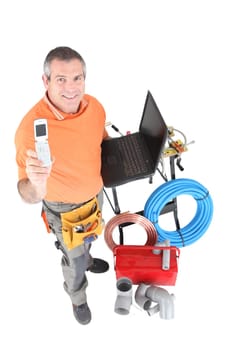 plumber showing phone