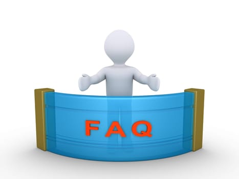 3d person behind a counter with FAQ letters on it