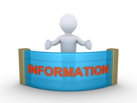 3d person behind a counter with INFORMATION word on it