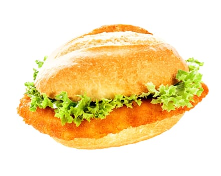 Delicious fish burger with fresh frilly lettuce and a crumbed fish fillet on a crusty bun isolated on white