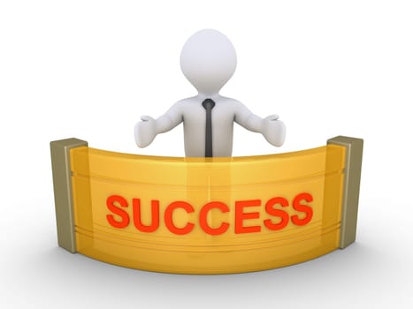 3d businessman behind a counter with SUCCESS word on it