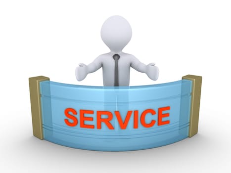 3d businessman behind a counter with SERVICE word on it