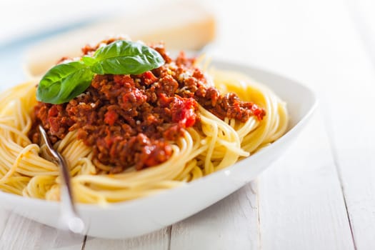 Dish of Italian spaghetti with rich tomato based Bolognaise sauce garnished with fresh basil leaves for a healthy Mediterranean diet