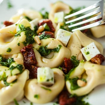 Delicious Italian tortellini pasta with feta cheese and pesto with fresh basil and pine nuts , close up view with a fork about to eat it