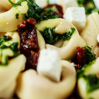Tasty Italian cuisine with a close up view of stuffed tortellini pasta with feta and basil pesto in square format