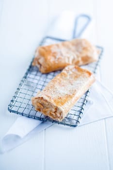 Freshly baked traditional German apfelstrudel or apple strudel on a wire rack on a high key white wooden background with copyspace