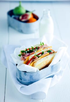Macro Shoot Healthy Delicious Sandwich Toast in Tray on White Table.