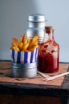 Rustic French Fries with Ketchup in Modern Style Served.