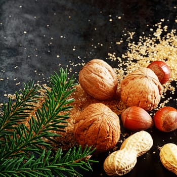 Fresh assorted whole nuts for a festive Xmas with almonds, hazelnuts and peanuts in their shells on brown caramelized sugar with pine foliage on a dark background with copyspace for your greeting