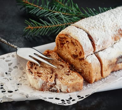 Loaf of sweet spicy Italian panettone bread, a speciality with raisins, candied fruit and spices served at Christmas