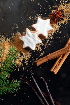 Christmas food still life with copyspace for your seasonal greeting with an overhead view of glazed white star shaped cookies, vanilla pods, stick cinnamon and sugar on a dark background