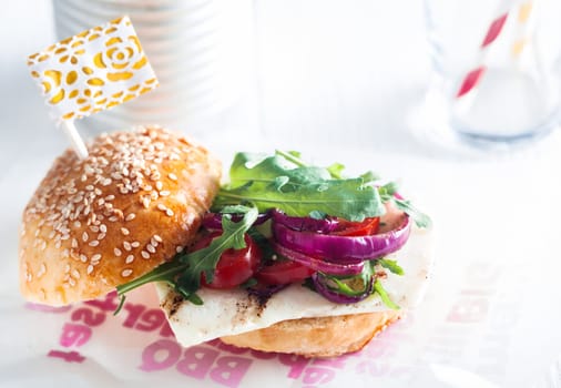 Macro Appetizing Veggy Burger with Grilled Halloumi Cheese on Table Good for Vegetarians.