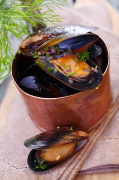 Steamed gourmet marine mussels in a copper pot seasoned with fresh dill for a delicious seafood appetizer