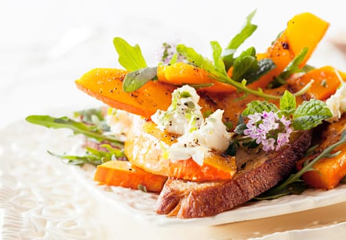 Appetizing Gourmet Hokkaido Rocket Salad Served on Table. Ready to Eat Delicious Food.