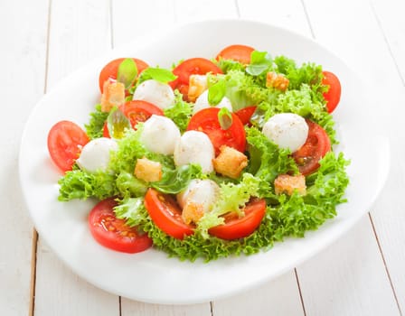 Fresh Italian salad with mozzarella cheese pearls on a bed of frilly lettuce with tomatoes and friend crunchy bread croutons served on a plate on white boards