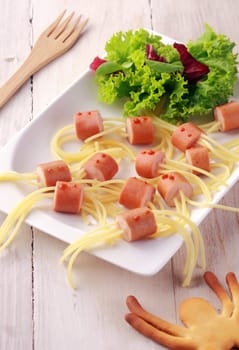 Wiener and Noodle Spider Snacks on White Plate with Garnish Shot from Above