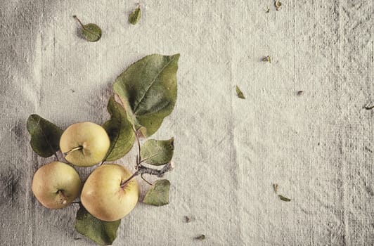 Three Delicious Green Apples on White Cloth with Green Leaves Still