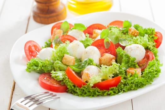 Delicious Italian mozzarella salad with crunchy fried bread croutons, sliced fresh tomato herbs and frilly lettuce served on a plate on white wooden boards