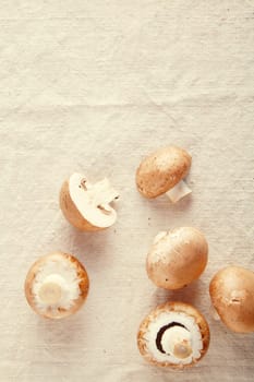 Fresh brown mushroom champignon isolated on off white background