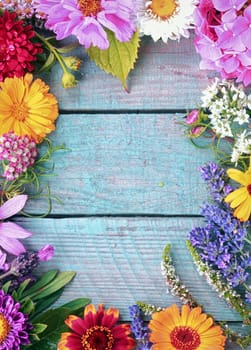 Beautiful fresh floral border of assorted colorful summer flowers on blue wooden boards with vertical copyspace