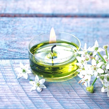 Beautiful natural organic spa background with a spray of delicate white flowers alongside a burning green aromatherapy candle on a blue background in a wellness and pampering concept