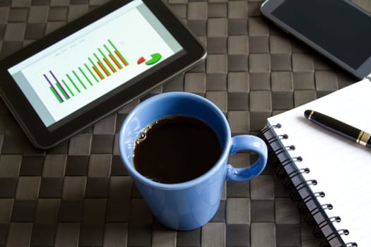 Drinking a coffee while working and analyzing graphics with the tablet.