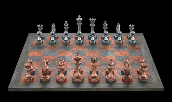 Chessboard with pieces of metal. Clipping path included.