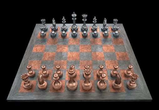 Chessboard with pieces of metal. Clipping path included.