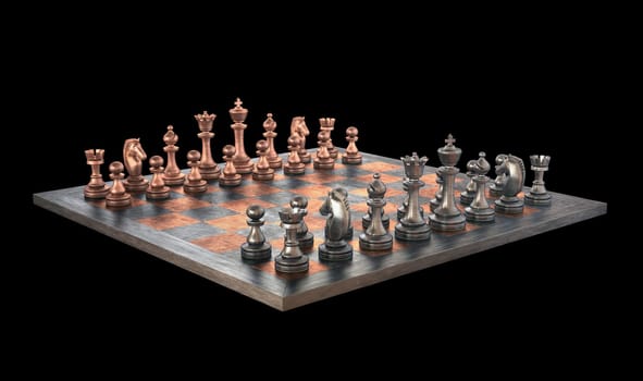 Chessboard with pieces of metal. Clipping path included.
