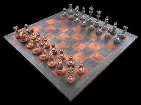 Chessboard with pieces of metal. Clipping path included.