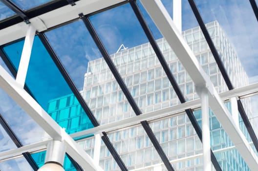 modern office building in amsterdam seen through a glass roof