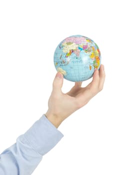 Hands holdings a globe on white